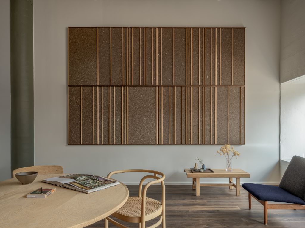 Wooden Lines in eelgrass and oak, installed in dining room. Designed by Lars Vejen for Søuld