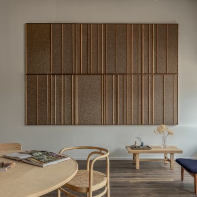 Wooden Lines in eelgrass and oak, installed in dining room. Designed by Lars Vejen for Søuld